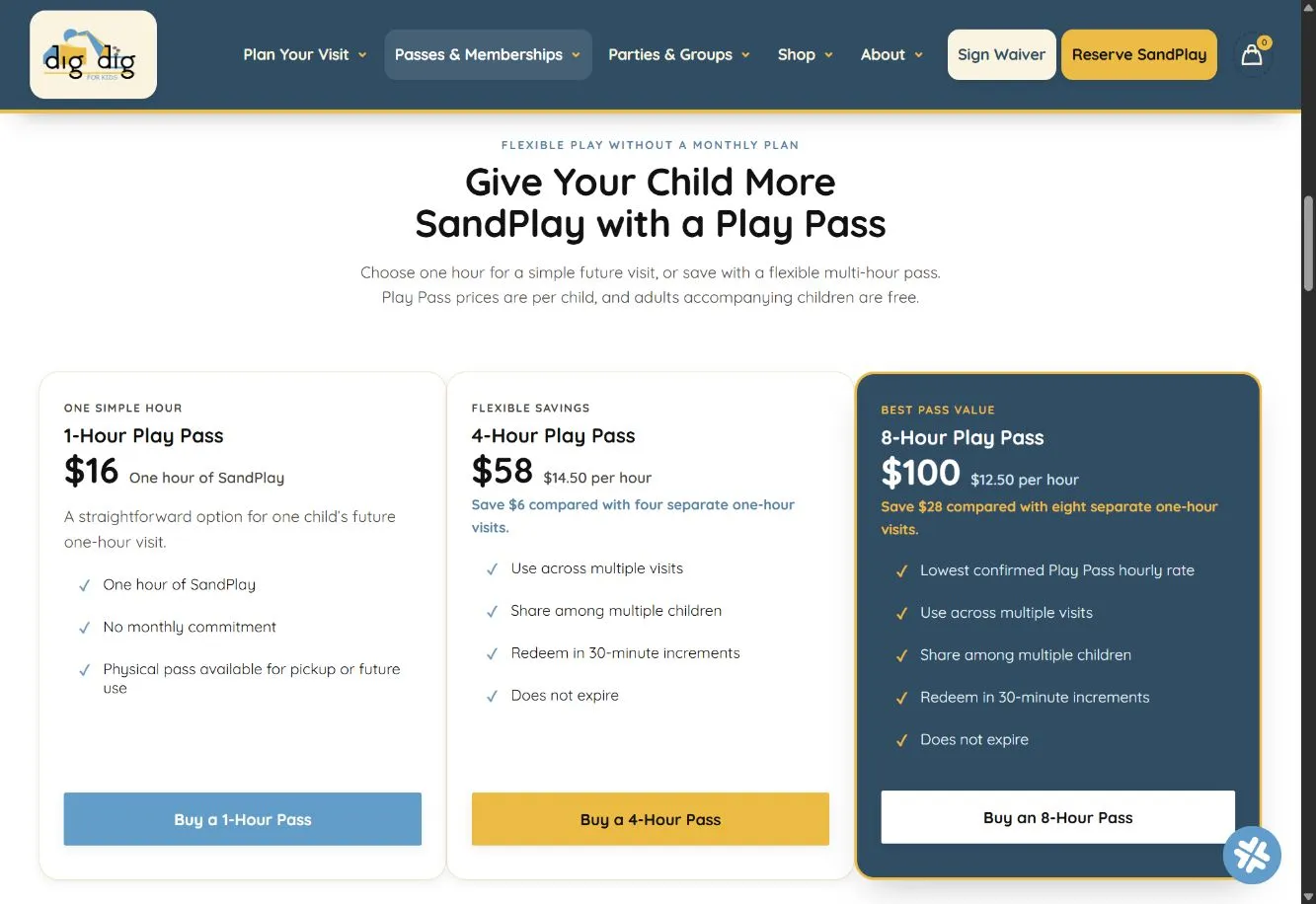 Dig Dig for Kids passes and memberships page with one-hour, four-hour and eight-hour play-pass comparisons.