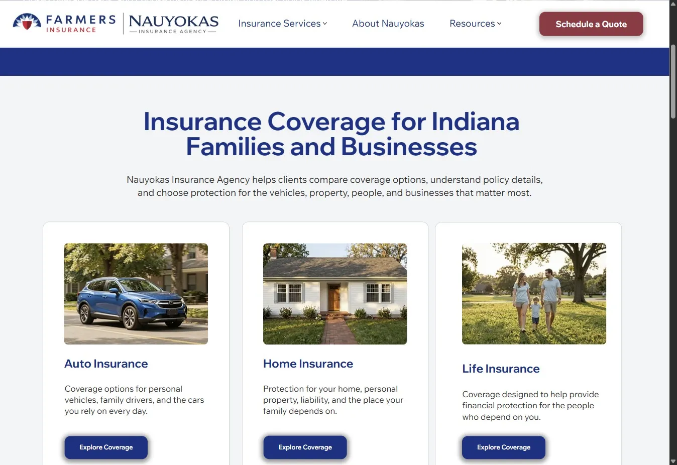 Nauyokas Insurance Agency coverage section presenting auto, home and life insurance services.