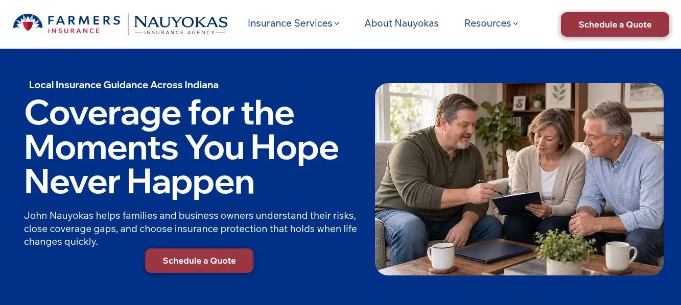 Nauyokas Insurance Agency homepage with local insurance guidance, coverage messaging and a Schedule a Quote call to action.